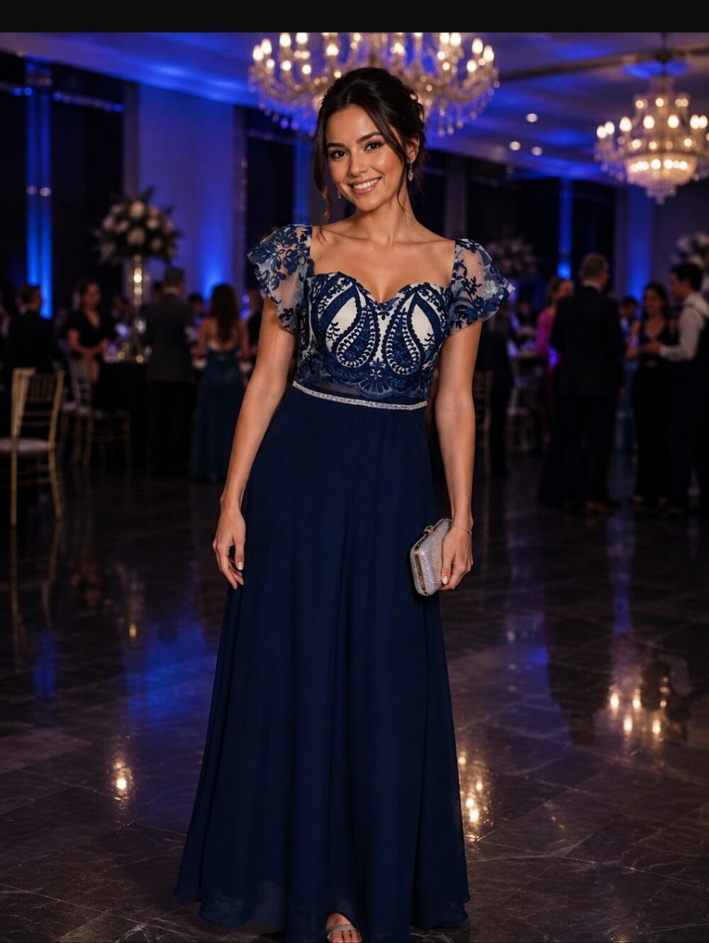 Street Glam Navy Embroidered A-Line Evening Dress Sz M